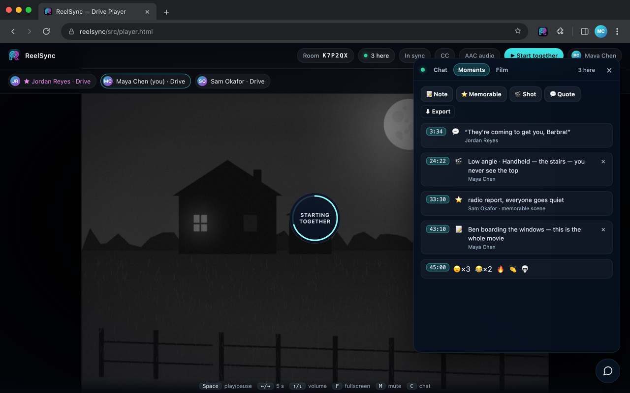 The Drive player with three members, a scheduled-start countdown, and the Moments tab