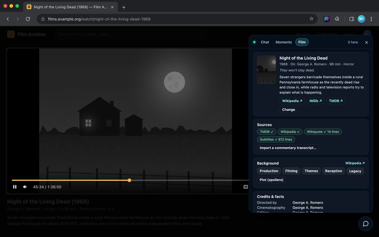 The Film tab showing credits, sources, and Wikipedia background sections