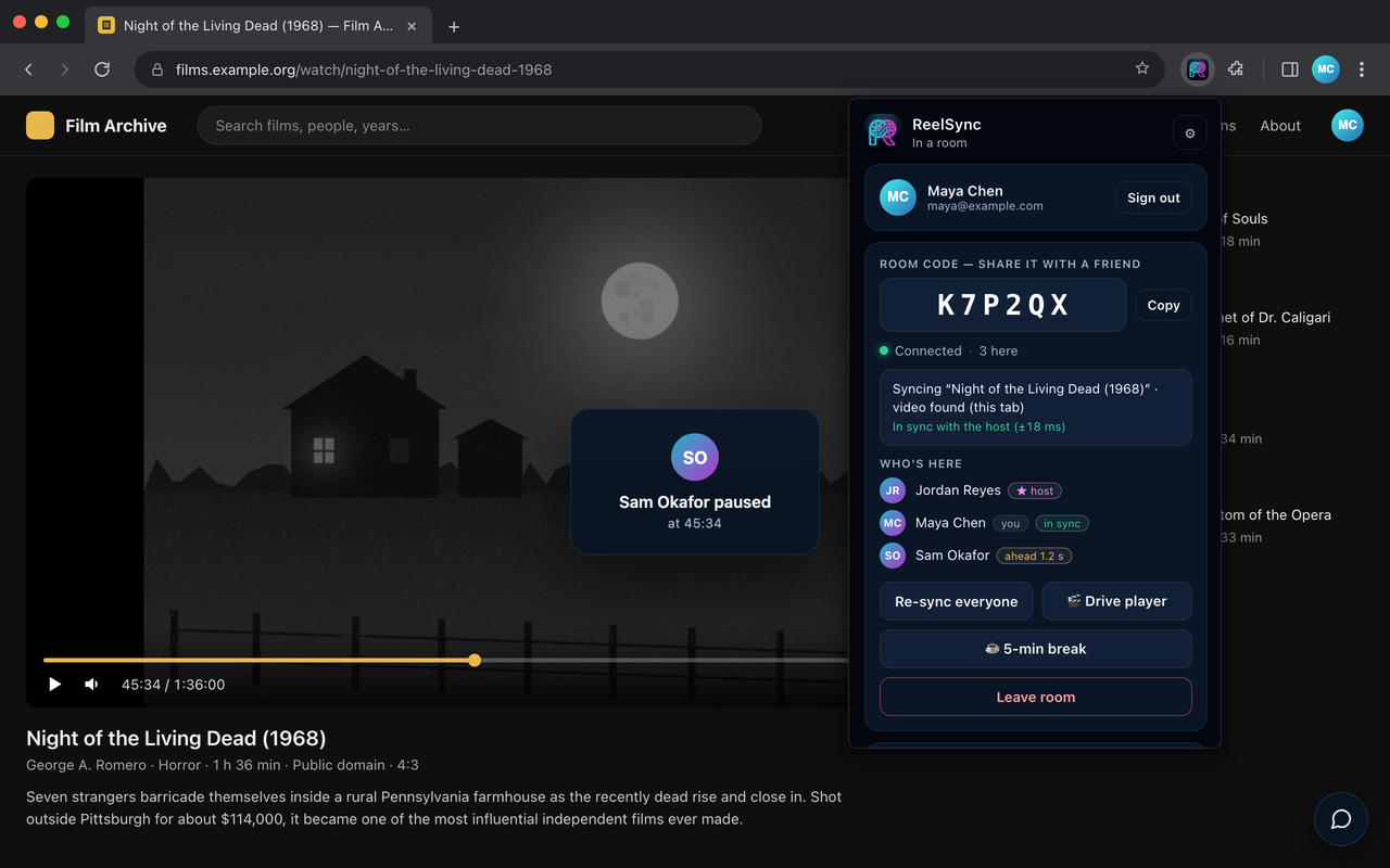 The ReelSync popup with room code, sync readout, members, and friends, next to a pause cue